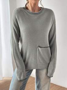 SHEIN EZwear Suéter De Punto Acanalado Con Cuello Redondo Para Mujer Con Diseño De Bolsillo Y Hombros Caídos