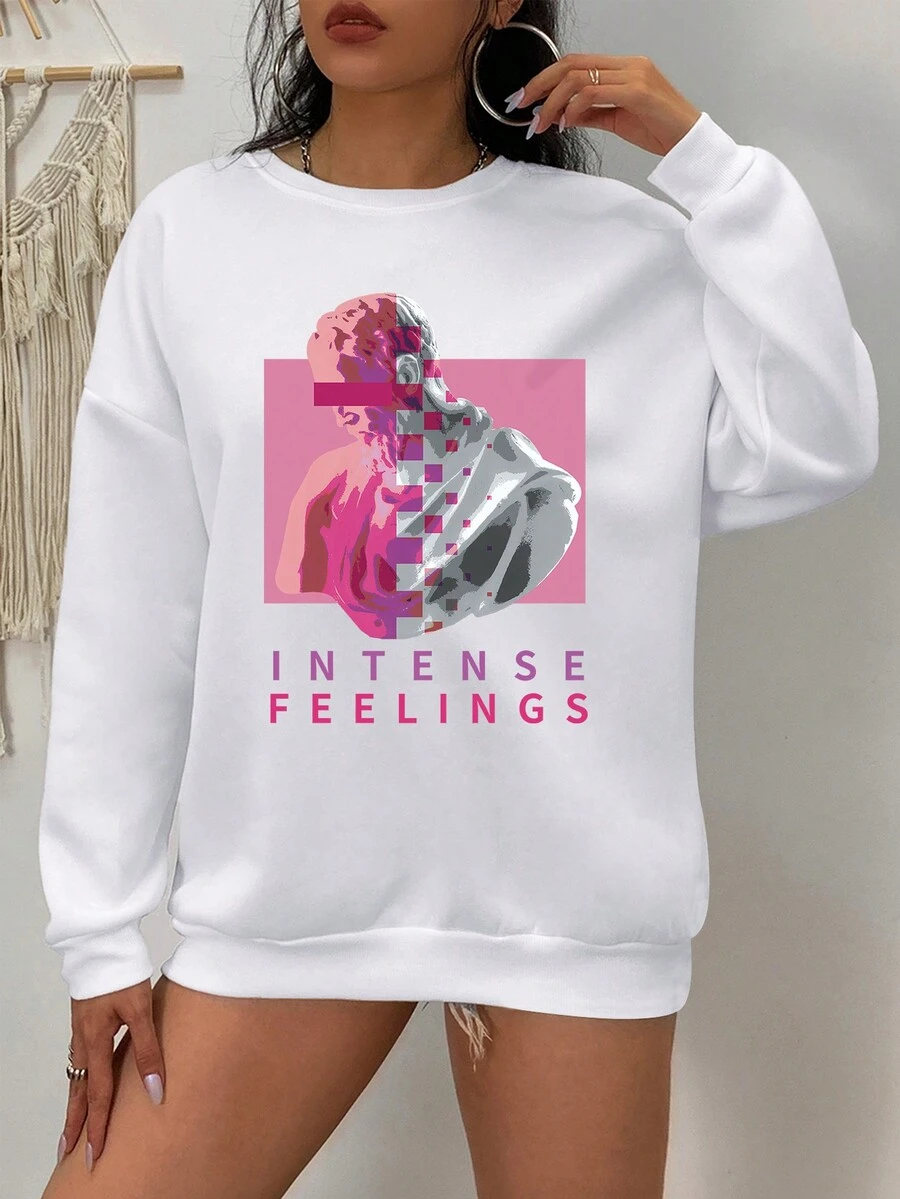 SHEIN EZwear 大碼人物和字母圖案落肩袖運動衫 - 白色 - 查看 1