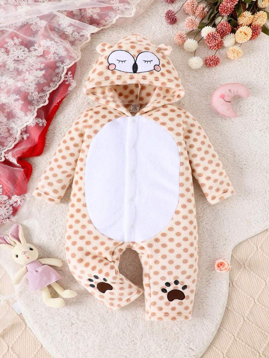 女嬰圓點與卡通刺繡 3d 耳朵設計連帽法蘭絨連身褲 - 杏色 - 查看 1