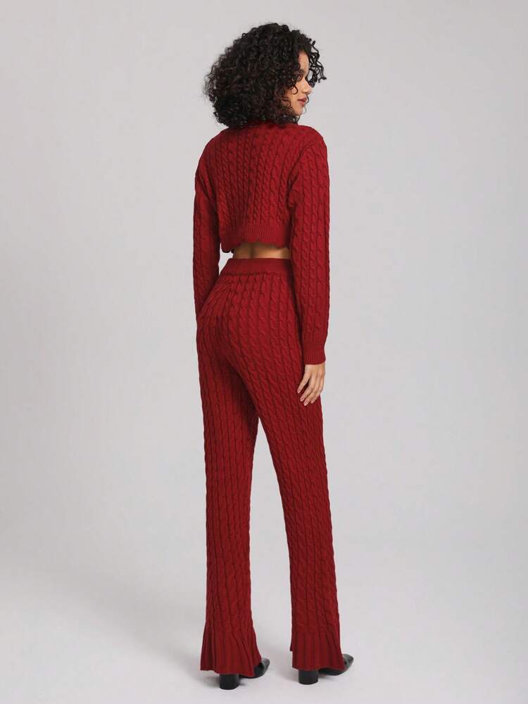 Designer Solid Crop Cardigan & Flare Leg Cable Knit Pants, Women Clothes, For Holiday, Vacation, Festival, Ibiza Fits