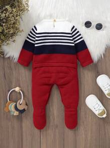 SHEIN Baby Boy Striped Colorblock Knitted Romper - Red - View 2