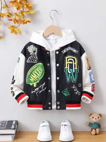 SHEIN Young Boy Letter Graphic Striped Trim Varsity Jacket Without Hoodie - Multicolor - View 1