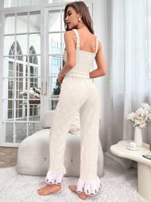 Frill Trim Schiffy Cami Top And Flare Leg Pants PJ Set / Pajama Set