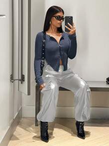 SHEIN ICON 側翻蓋口袋PU皮革工裝褲 - 灰色 - 查看 2