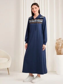 Mulvari 拼接幾何印花抽繩連帽衛衣裙 - 灰色 - 查看 4