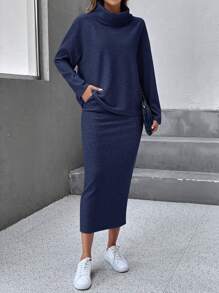 SHEIN LUNE 高領落肩T恤&斜口袋半身裙 - 藏蓝色 - 查看 1