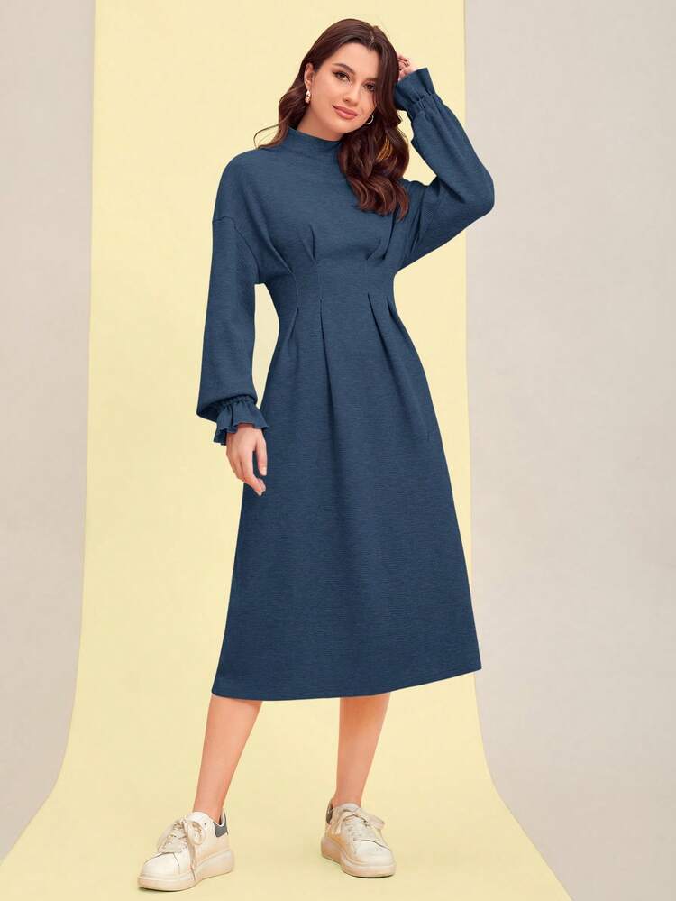Women's Solid Color Half High Neck Ruffle Sleeve Dress