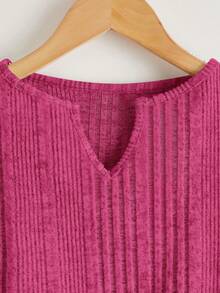 SHEIN Cô gái Tween Chải Tay áo lồng đèn Đồ đan Ribbed Áo thun - Màu Hồng Tươi - Xem 3