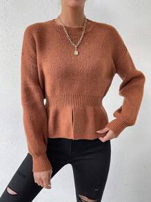 SHEIN Essnce Drop Shoulder Split Hem Sweater - Brown - View 5