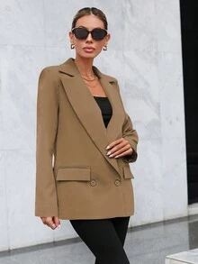 EURMUSE Turn-Down Collar Double Breasted Blazer - Camel - View 6