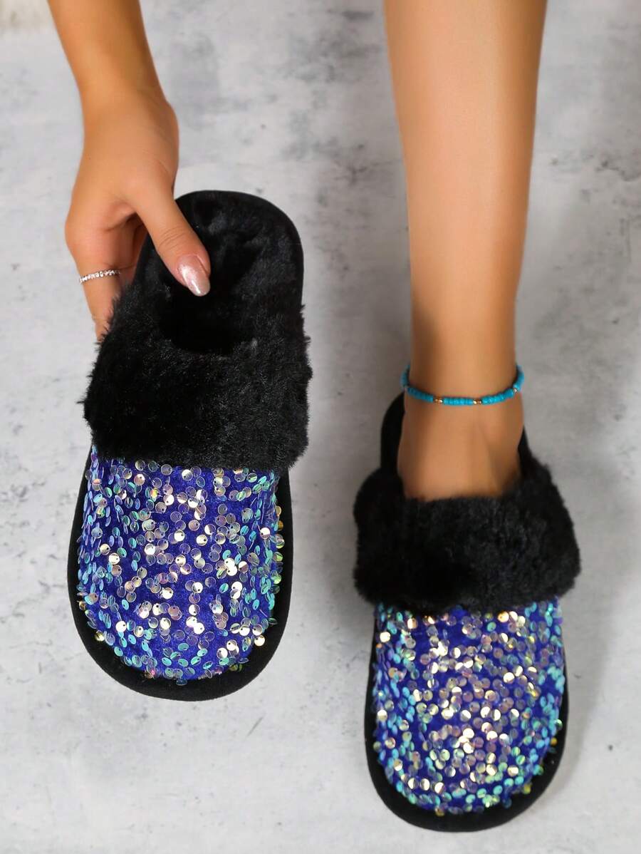 Pantuflas informales con purpurina para mujer, suela plana antideslizante y forro de felpa peluda, para interior y exterior - Negro - Ver 1