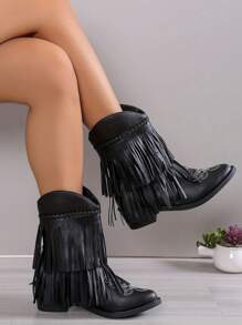 女式流蘇裝飾西部靴子,優雅假日靴子 - 黑色 - 查看 1