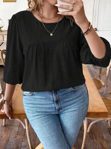 Women's Casual Knitted Jacquard Pattern Round Neck Ruched Lantern Sleeve Relaxed Fit Plus Size Summer T-Shirt