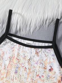 SHEIN Tween 女童运动衫棒球夹克和亮片效果吊带连衣裙 2 件/套 - 粉色 - 查看 4