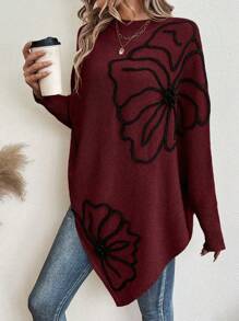 SHEIN LUNE Floral Pattern Batwing Sleeve Asymmetrical Hem Poncho Knit Pullover Fall Winter Sweater - Burgundy - View 4
