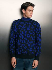 SWAVVY 1pc Leopard Pattern Drop Shoulder Sweater - Blue - View 5