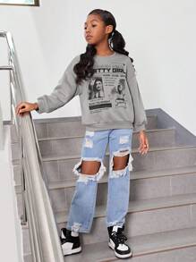 SHEIN Tween Girl Figure & Slogan Graphic Drop Shoulder Pullover