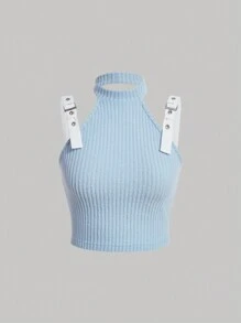 SHEIN MOD Chất rắn Chi tiết nút buộc Đồ đan Ribbed Áo hai dây - Màu xanh lam - Xem 1