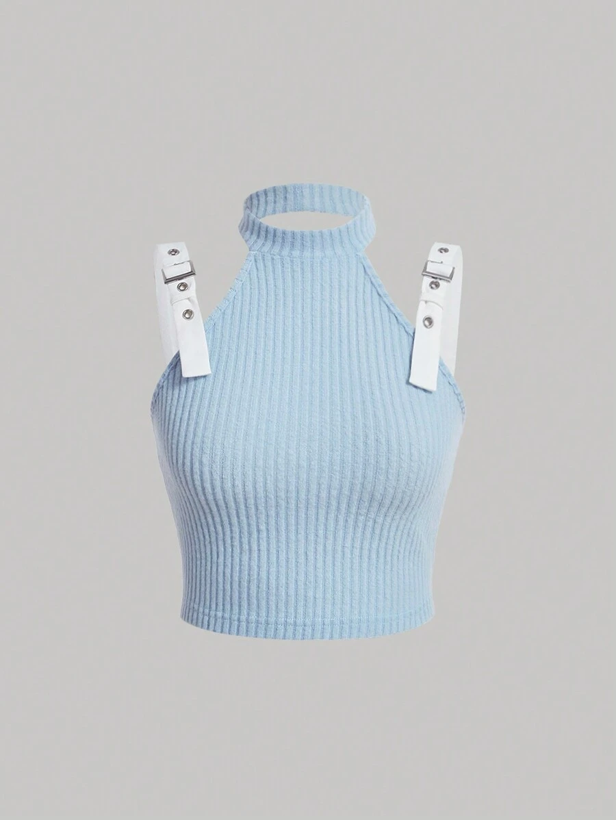 SHEIN MOD Chất rắn Chi tiết nút buộc Đồ đan Ribbed Áo hai dây - Màu xanh lam - Xem 1