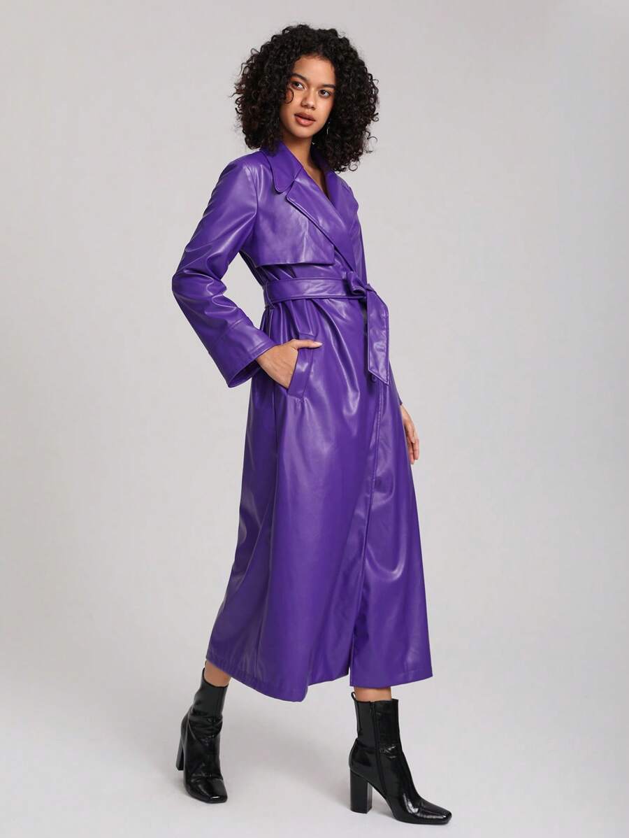 LUSINE BONFIELD 西裝領腰帶PU皮革風衣外套