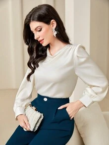 Modelyn Solid Color Cowl Neck Lantern Sleeve Shirt And Wide Leg Pants Set - Blue - View 5