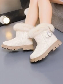 孩子們的冬天時尚絲絨一腳蹬短靴適合女孩,濃烈香調休閒毛茸茸平底靴,素色,多用途雪地靴,水鑽皮革靴子 - 米色 - 查看 7