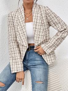 SHEIN Frenchy Hoa văn kẻ sọc Khăn quàng Mở Mặt trước Áo vest - Màu Khaki - Xem 5