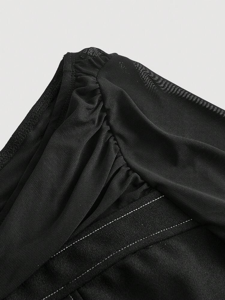 Asymmetrical Neck Contrast Stitch Mesh Sleeve Top