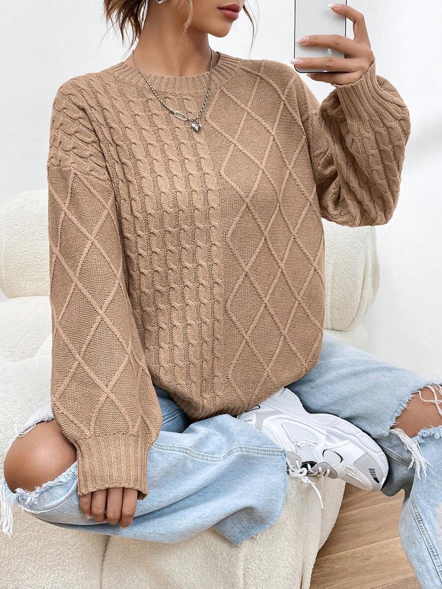 SHEIN Unity Xoắn Dan Thả vai Áo len - màu nâu - Xem 1