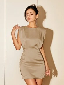 Women's Casual Sleeveless Short Dress, Simple Crew Neck Minimalist Style, For Spring And Summer Business Casual Outfits - Khaki - View 4