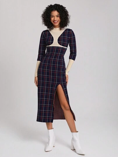 Keagan 设计师格子图案拼色开叉大腿优雅毛衣连衣裙套装，适合节日、派对、度假、生日服装、节日、伊比沙岛装扮、婚礼、舞会礼服