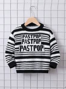 SHEIN Young Boy Striped & Letter Pattern Sweater - Black and White - View 1