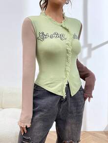 SHEIN EZwear Của phụ nữ Lá thư Mô hình Áo len Với Frayed Hem Và Màu sắc va chạm Thiết kế - Nhiều màu - Xem 1