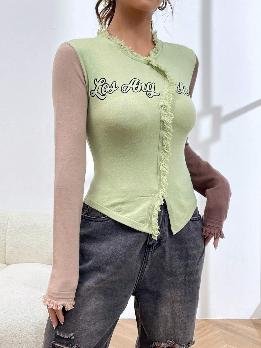 SHEIN EZwear Của phụ nữ Lá thư Mô hình Áo len Với Frayed Hem Và Màu sắc va chạm Thiết kế - Nhiều màu - Xem 1