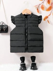SHEIN Young Girl 1pc Ruffle Trim Zipper Vest Padded Coat - Black - View 1