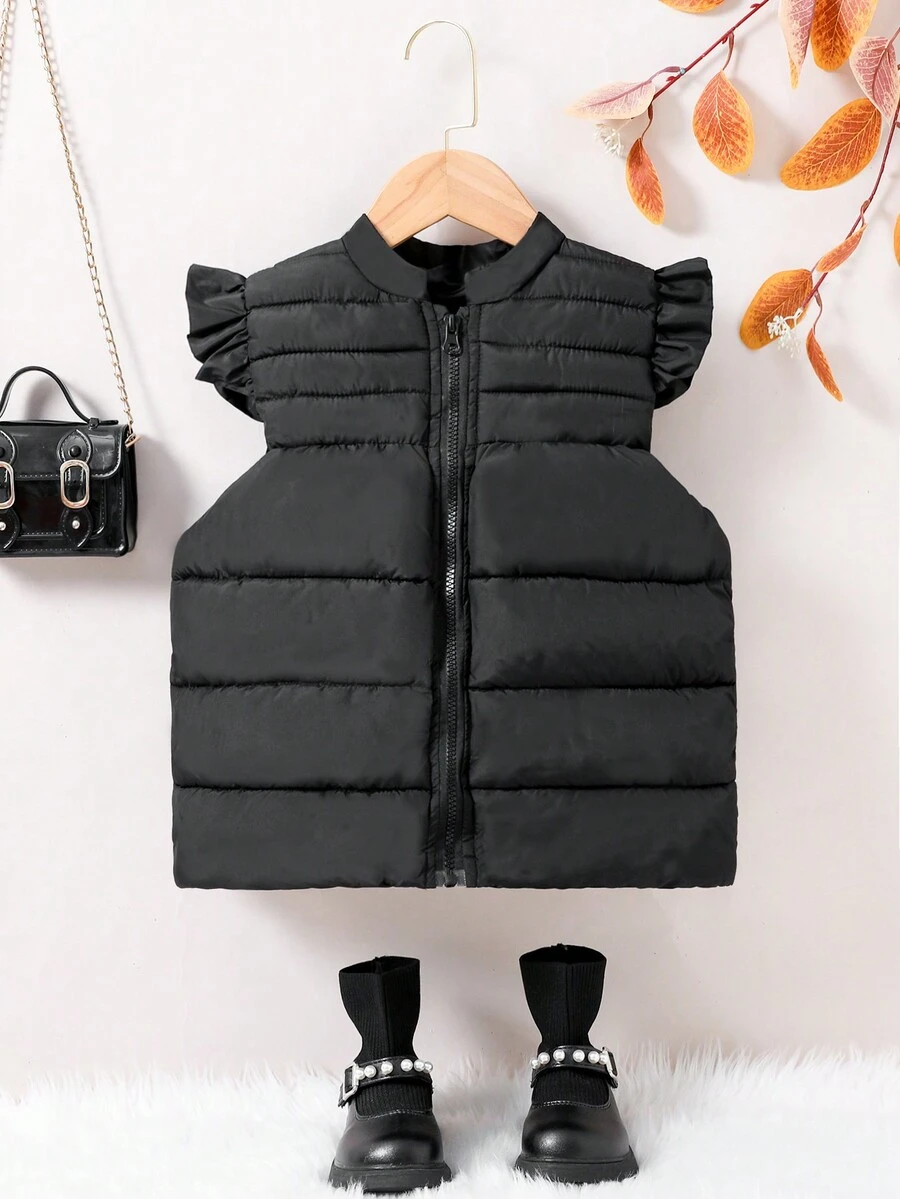 SHEIN Young Girl 1pc Ruffle Trim Zipper Vest Padded Coat - Black - View 1