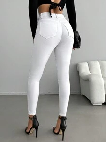 EURMUSE Solid Zipper Fly Skinny Cropped Jeans - White - View 2