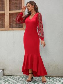 春秋季節深v領拼接網紗蕾絲魚尾裙擺優雅長裙 - 紅色 - 查看 4