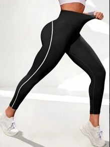 Gameset SHEIN Sport Đồ họa Chữ cái Thắt lưng rộng Contrast Piping Quần Xà cạp thể thao - màu đen - Xem 5