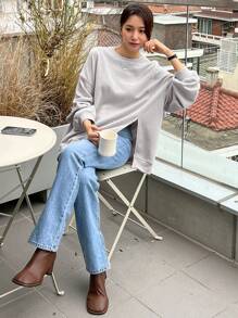 DAZY Drop Shoulder Split Hem Sweatshirt,Long Sleeve Tops,Fall Clothes,Back To School Clothes - Grey - View 2