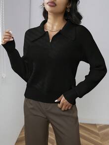 SHEIN Privé Chất rắn Đồ đan Ribbed Thả vai Áo len - màu đen - Xem 6