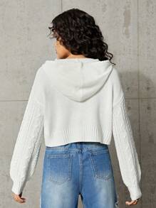 SHEIN Teen Girl Cable Knit Drop Shoulder Hooded Cardigan - White - View 2