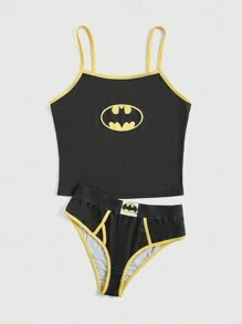 Batman X ROMWE Cartoon Graphic Contrast Binding PJ Set, School - Black - View 3