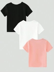 SHEIN 少女3入組休閒可愛卡通小貓和彩色獨角獸和皇冠和雲形短袖T卹，圓領 - 彩色 - 查看 2