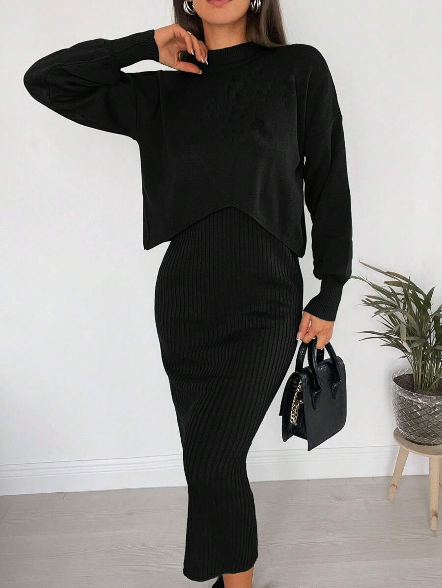 EURMUSE Drop Shoulder Asymmetrical Hem Sweater & Knit Skirt - Hitam - View 1