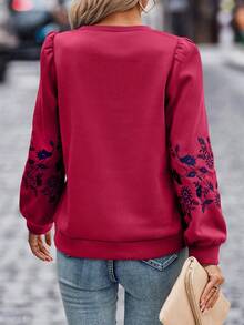 SHEIN LUNE Embroidery Detail Lantern Sleeve Sweatshirt - Burgundy - View 2