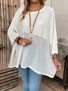SHEIN LUNE Hơn tay cánh Viền không đối xứng Dệt kim chấm bi Áo len Poncho - Màu be - Xem 4