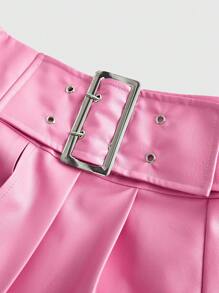 SHEIN ICON Hơn Chất rắn chất liệu da PU Chân Váy xếp ly - Màu Hồng Tươi - Xem 3