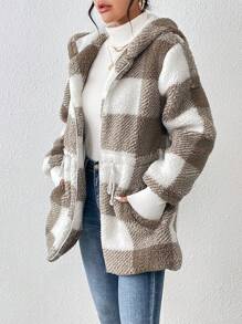 SHEIN LUNE 大方格圖案腰部抽繩連帽絨毛外套