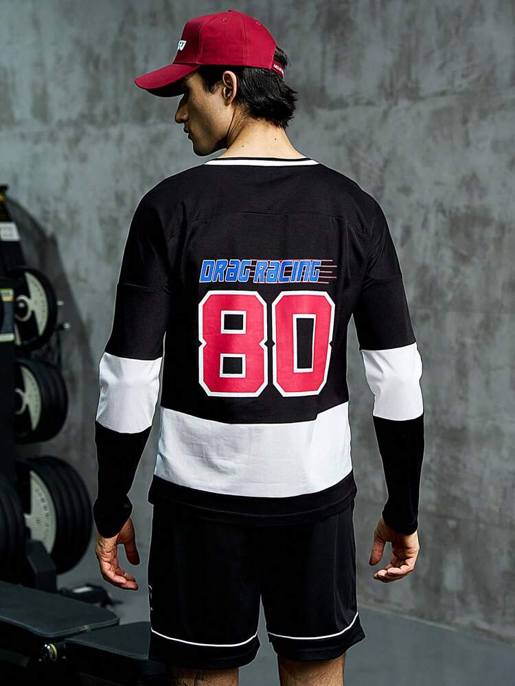 Men Letter Graphic Colorblock Drop Shoulder 2 In 1 Sports Tee Long Sleeve Shirt